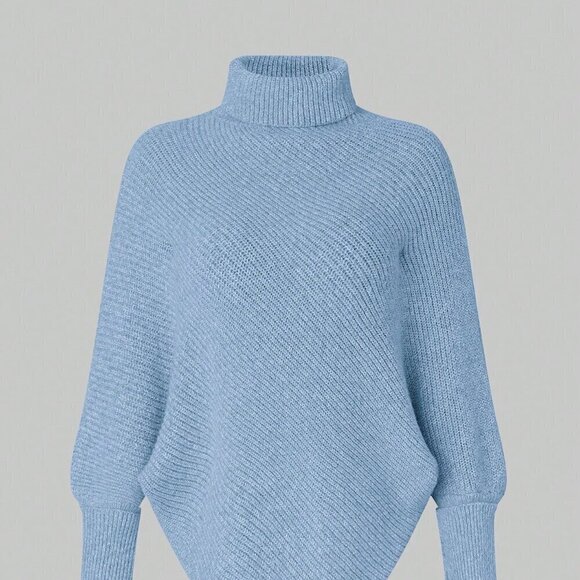Blue Casual Women's High Neck Batwing Sleeve Sweater - Picture 5 of 8